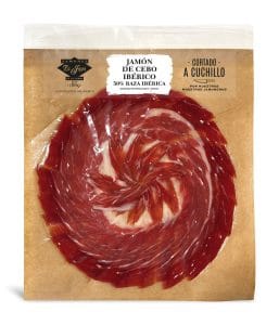 JAMON IBERICO CEBO CORTADO A CUCHILLO SOBRE 90 GRS
